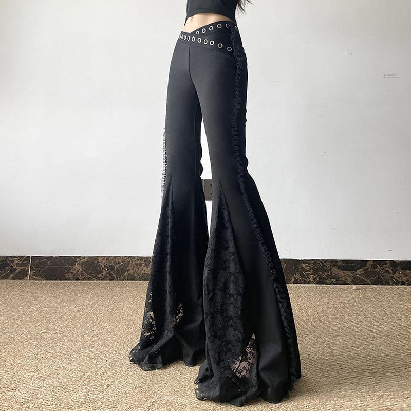 Mid Waist Plain Lace Panel Flare Pants Product Image