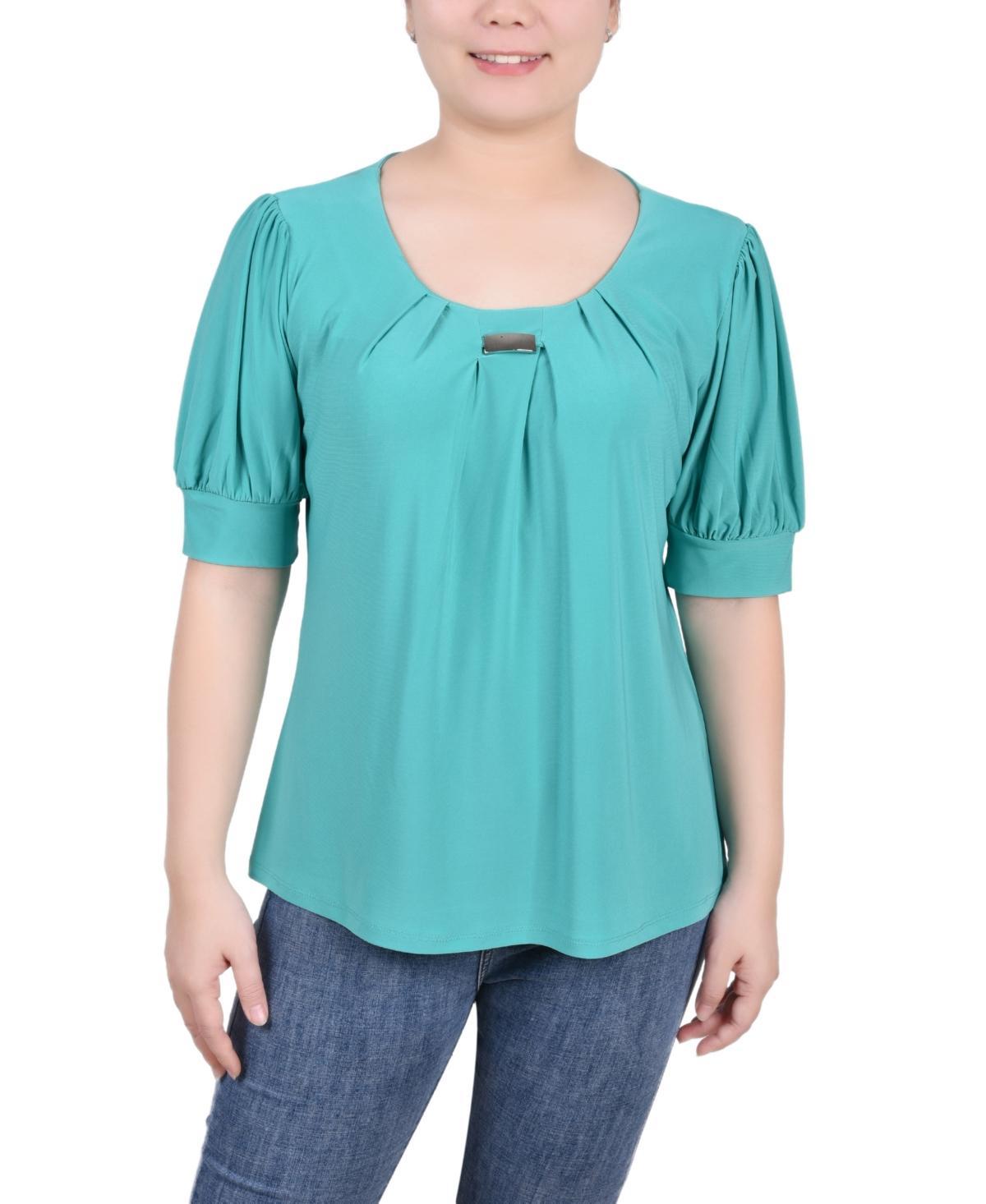 NY Collection Petite Puff Sleeve Pleated Front Blouse -BLUE Product Image