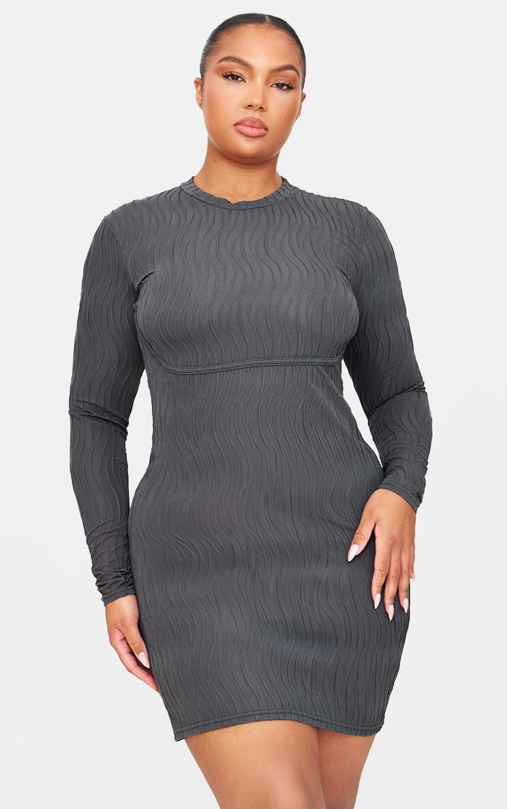 Plus Charcoal Textured Long Sleeve Bust Seam Detail Mini Dress product image