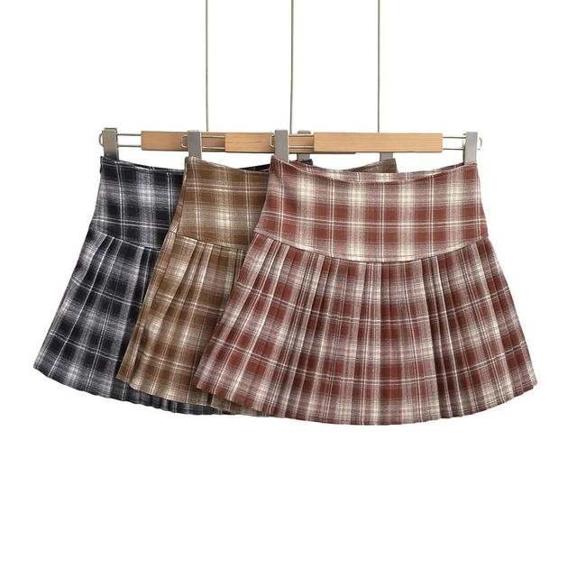 High Waist Plaid Mini Pleated A-Line Skirt Product Image