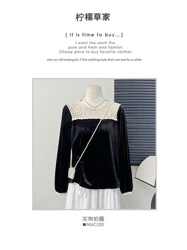 Lace-Panel Velvet Blouse Product Image