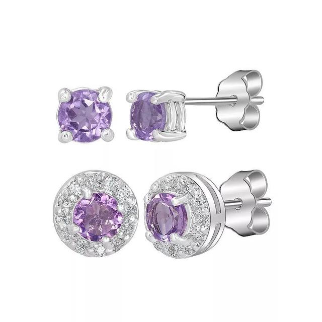 Gemistry Sterling Silver Stone Stud Halo Duo Set, Womens, White Topaz Product Image