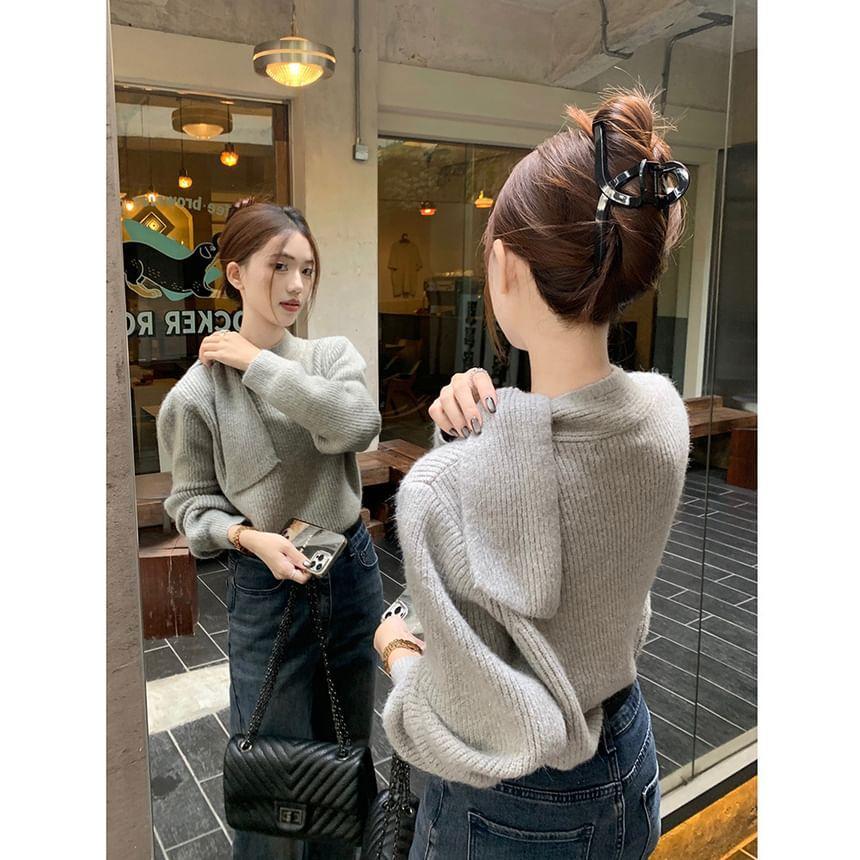 Long Sleeve Tie-Shoulder Plain Ribbed-Knit Loose-Fit Sweater Product Image