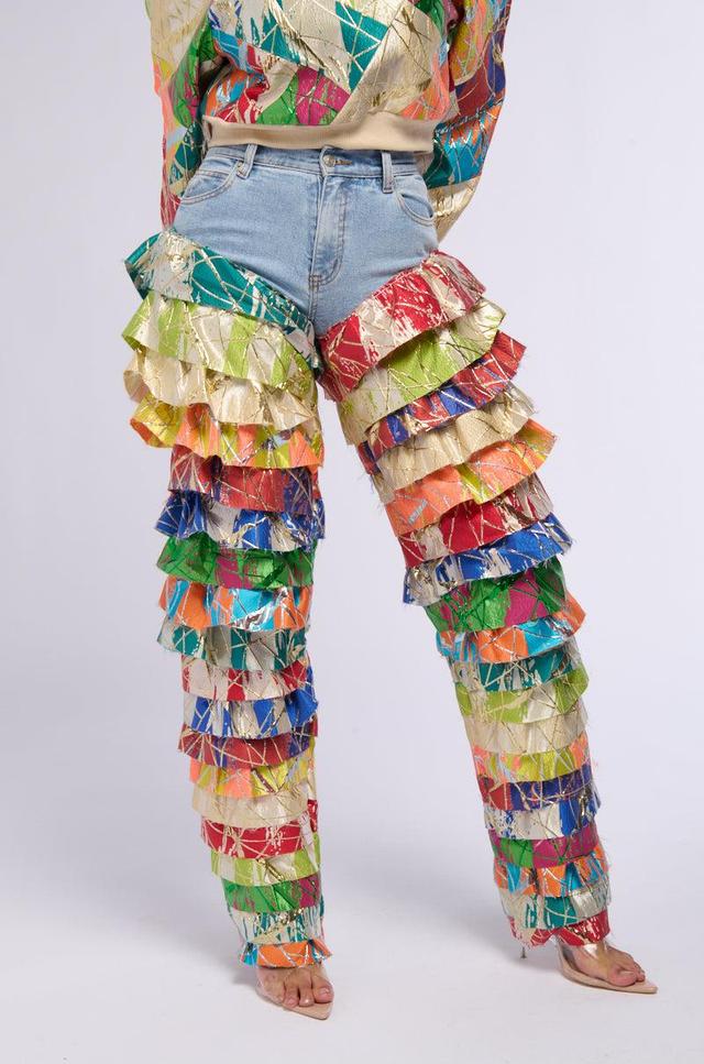 LIFE IS BUT A DREAM BROCADE RUFFLE DENIM JEANS Product Image