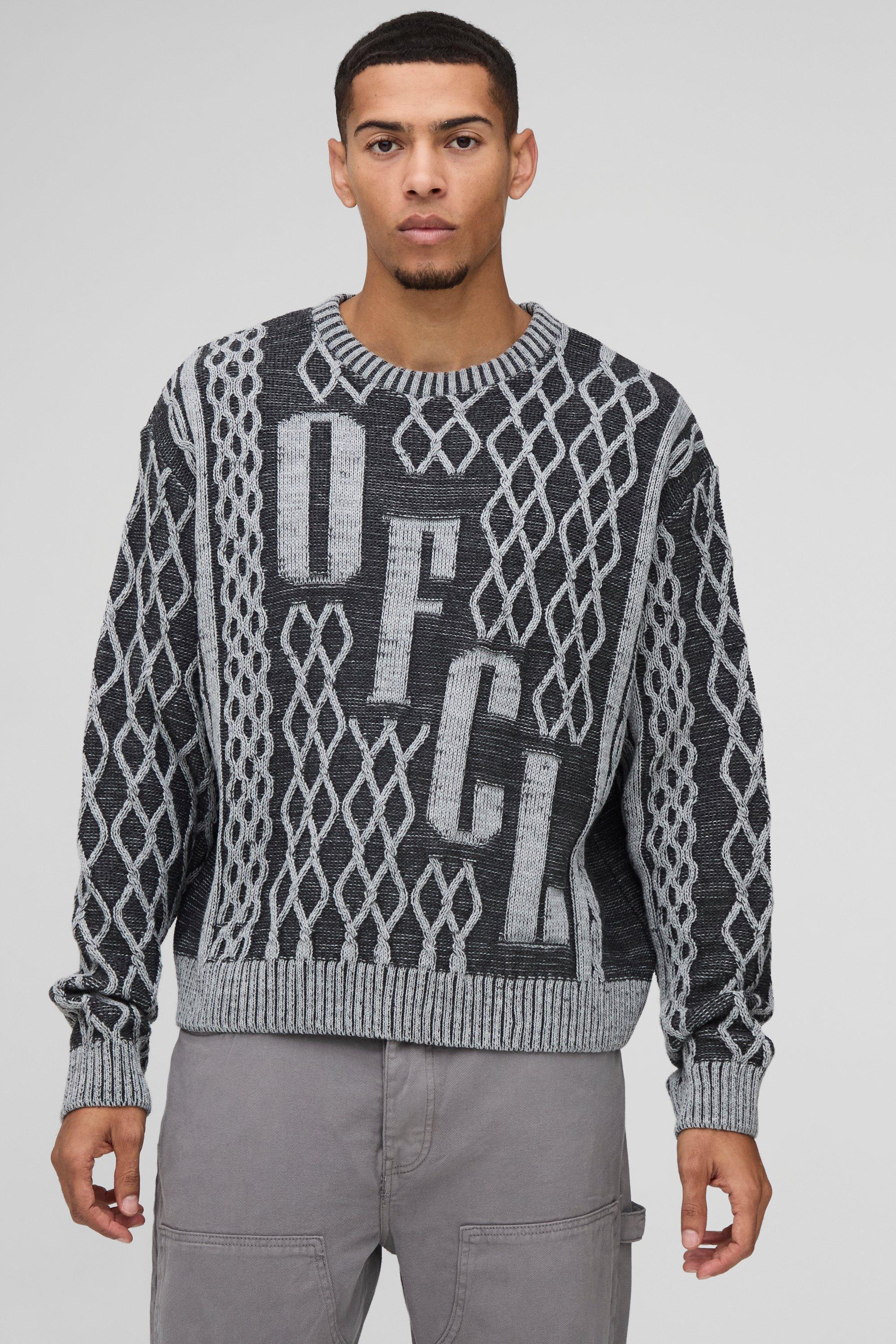 Oversized Boxy OFCL Contrast Knitted Jumper | boohooMAN USA Product Image