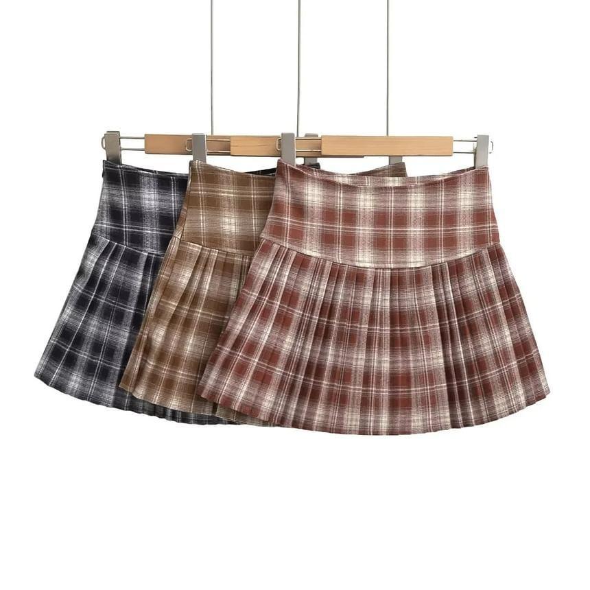 High Rise Plaid Mini Pleated Skirt Product Image