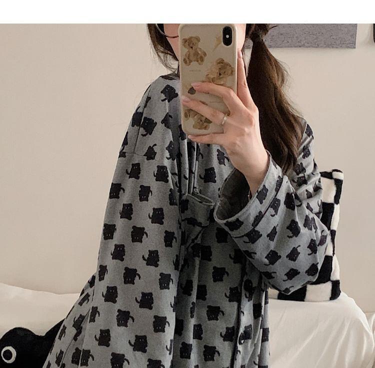 Pajama Set: Cat Print Pocket Detail Shirt + Pants Product Image