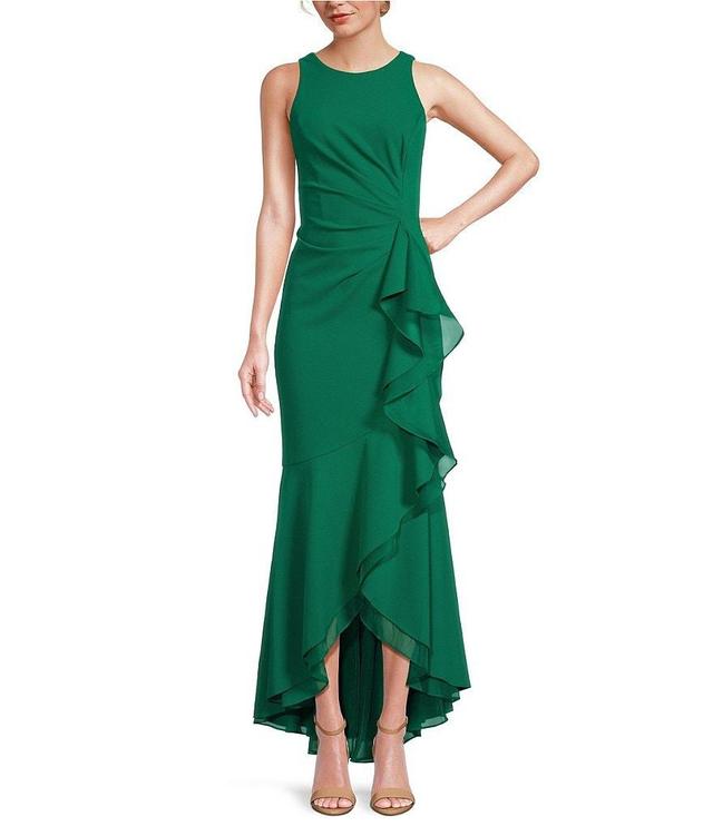 Adrianna Papell Crew Neck Sleeveless Cascading Ruffle High-Low Dress Product Image