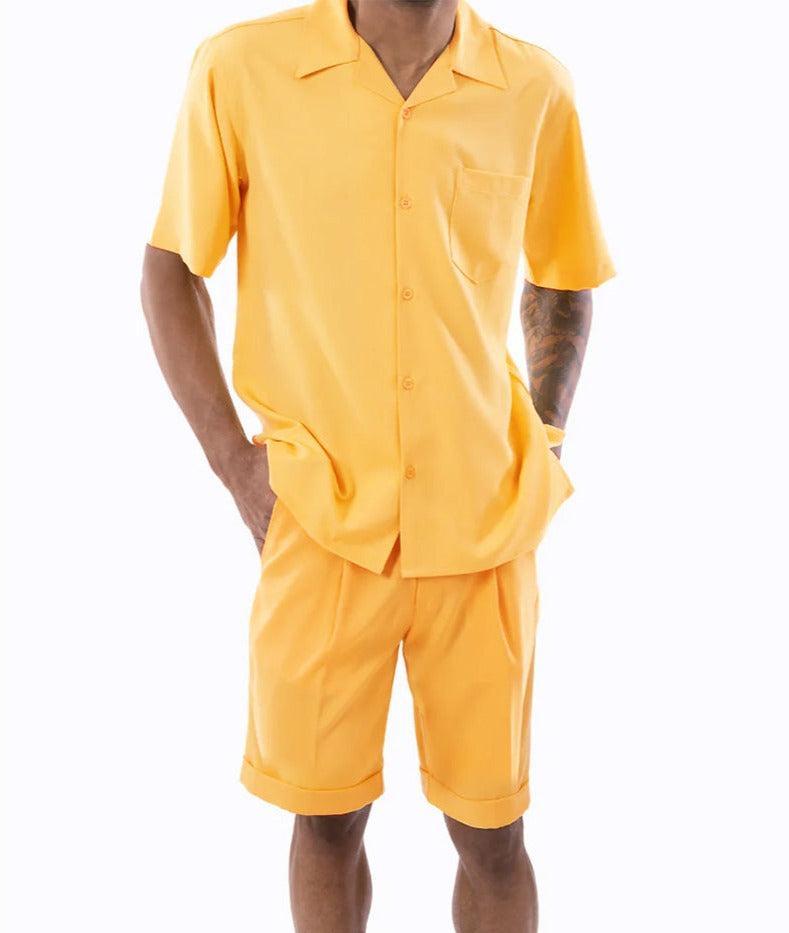 Gold 2 Piece Short Sleeve Walking Suit Set with Elastic Waistband Shorts Product Image