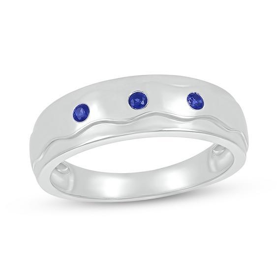 Men's Blue Lab-Created Sapphire Raised Wavy Three Stone Ring in 10K White Gold Product Image