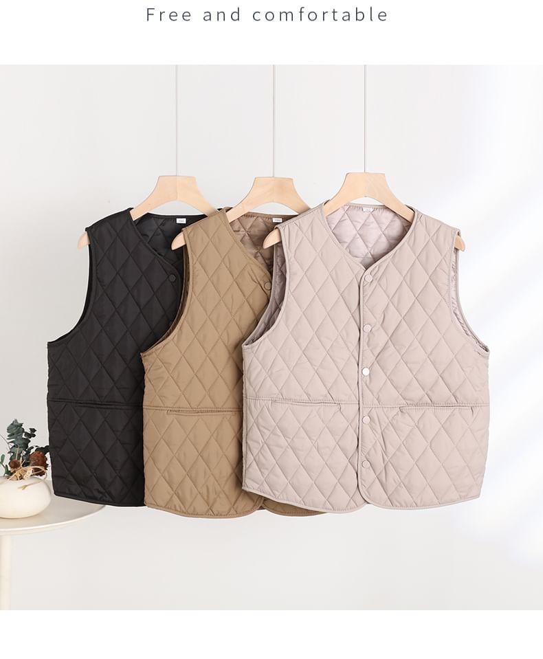 V-Neck Plain Quilted Button-Up Vest Product Image