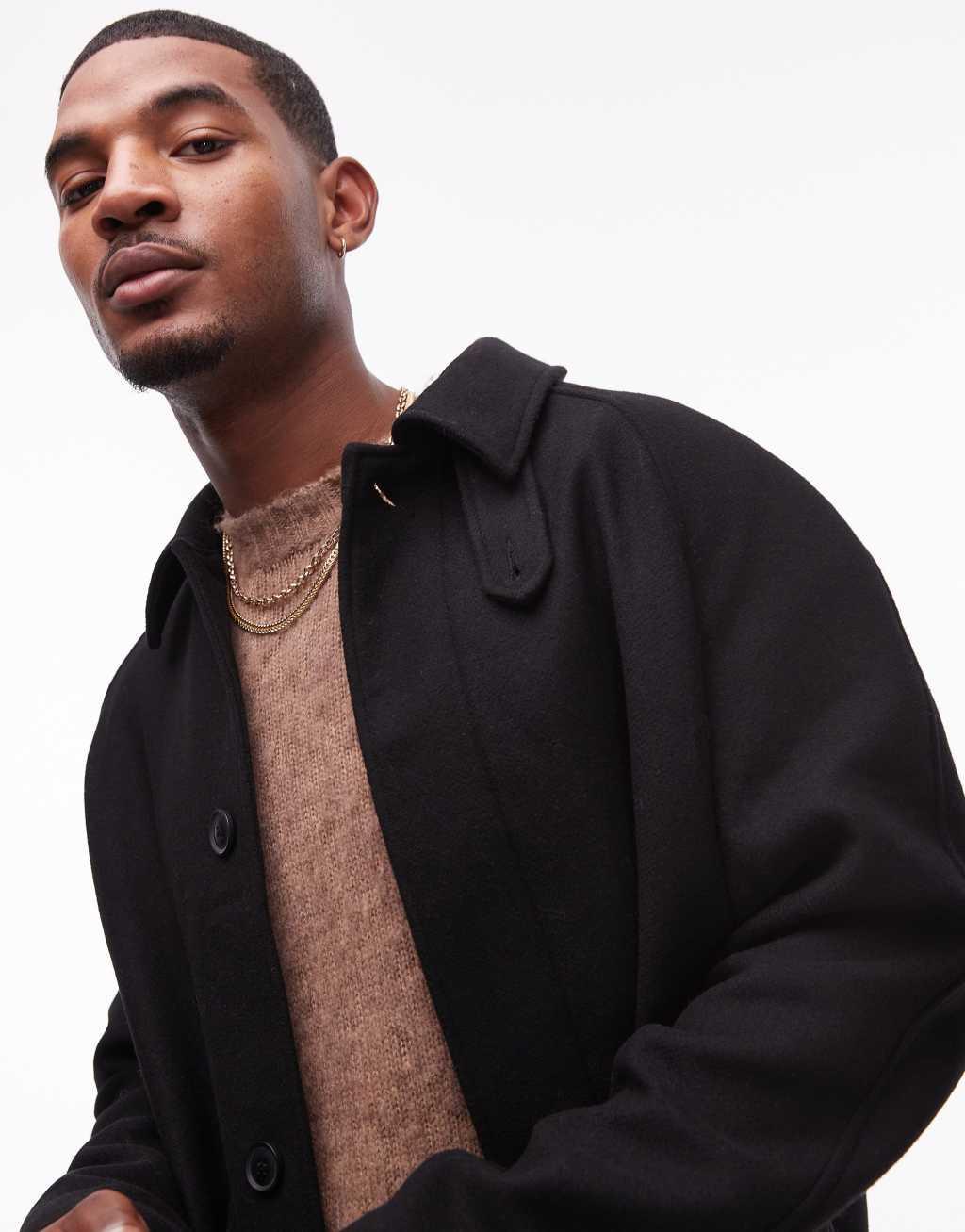 Topman car coat with wool in black Product Image