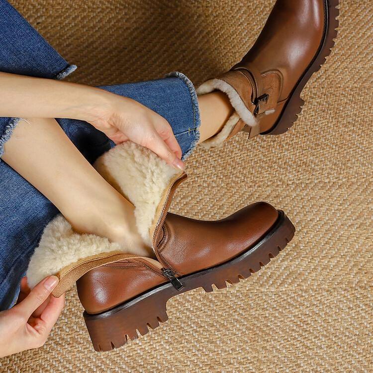 Platform Fleece-Lined Buckled Genuine Leather Short Boots product image