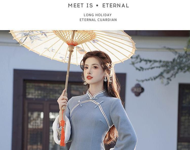 Long-Sleeve Stand Collar Corduroy Midi A-Line Dress Product Image