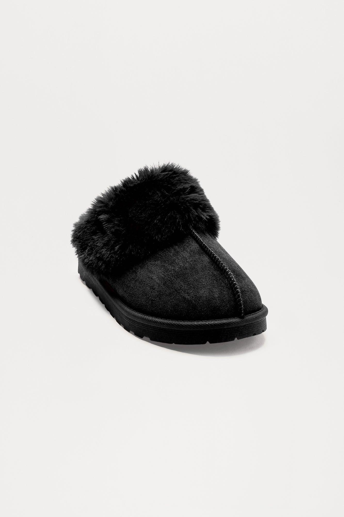 Forest Fur Trim Slippers - Black Product Image