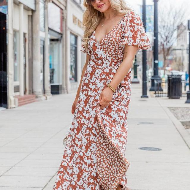 Know My Heart Brown Floral Contrast Flutter Sleeve Maxi Dress FINAL SALE Product Image