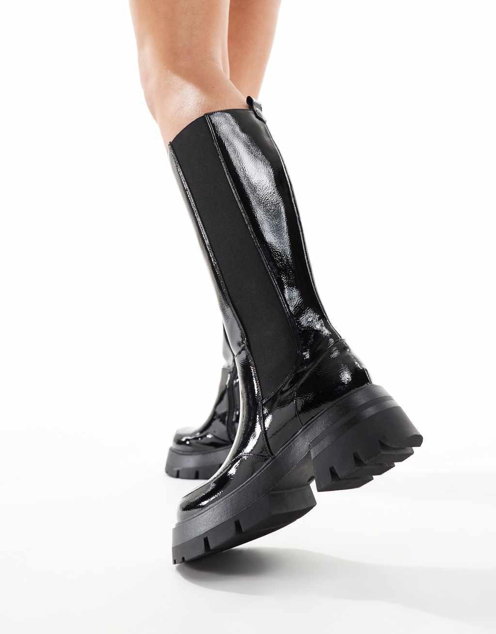 Public Desire Bryant pull on knee high boots in black crinkle patent Product Image