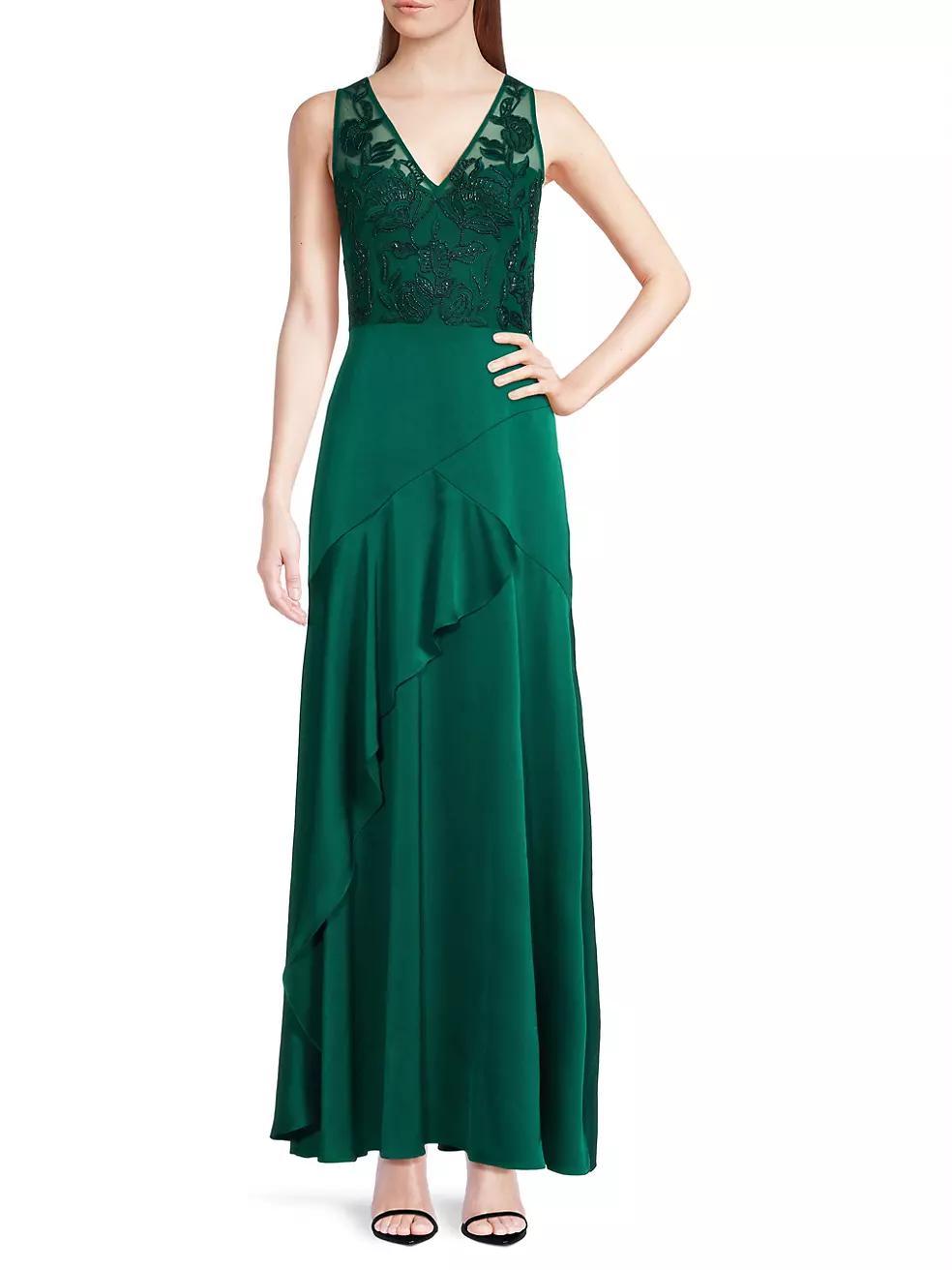 Beaded Satin Sleeveless Gown Product Image