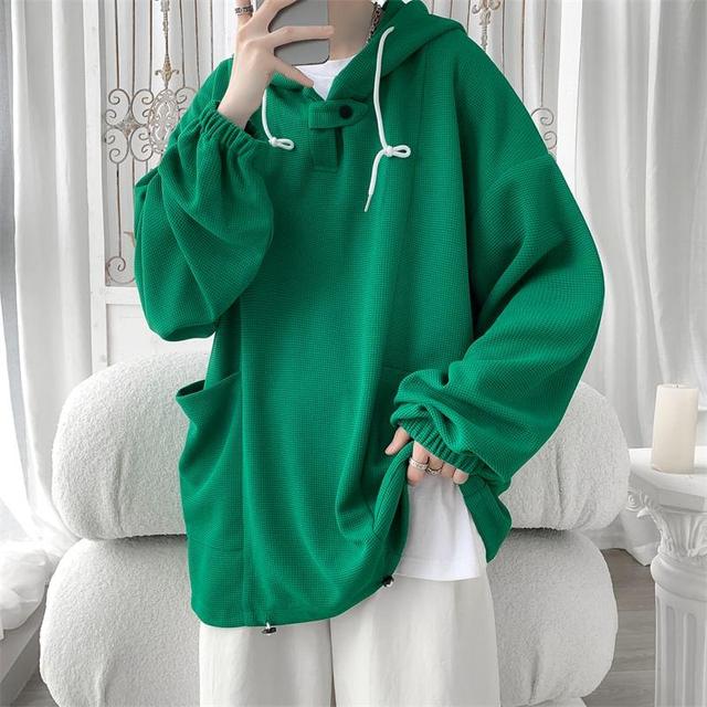 Puff-Sleeve Plain Pocket Detail Oversized Hoodie Product Image