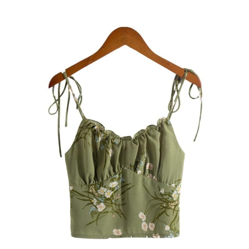 V-Neck Floral Print Frill Trim Open Back Crop Camisole Top Product Image