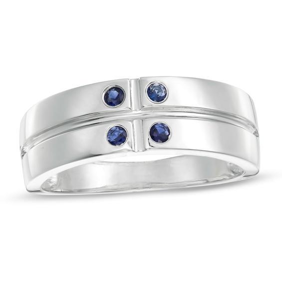 Men's Lab-Created Blue Sapphire Quad Cross-Groove Ring in Sterling Silver Product Image