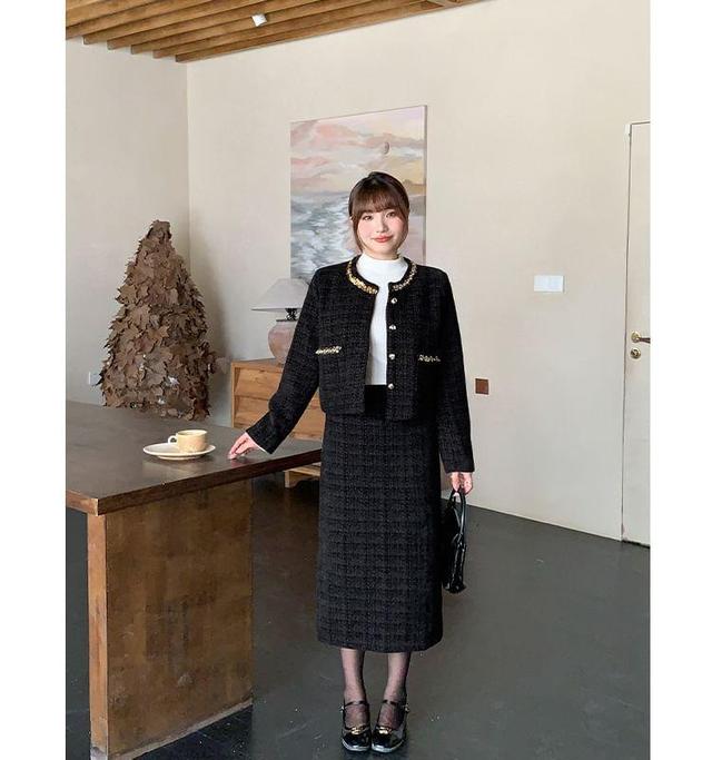 Set: Round Neck Sequin Tweed Button Jacket + High Waist Midi Straight Skirt Product Image