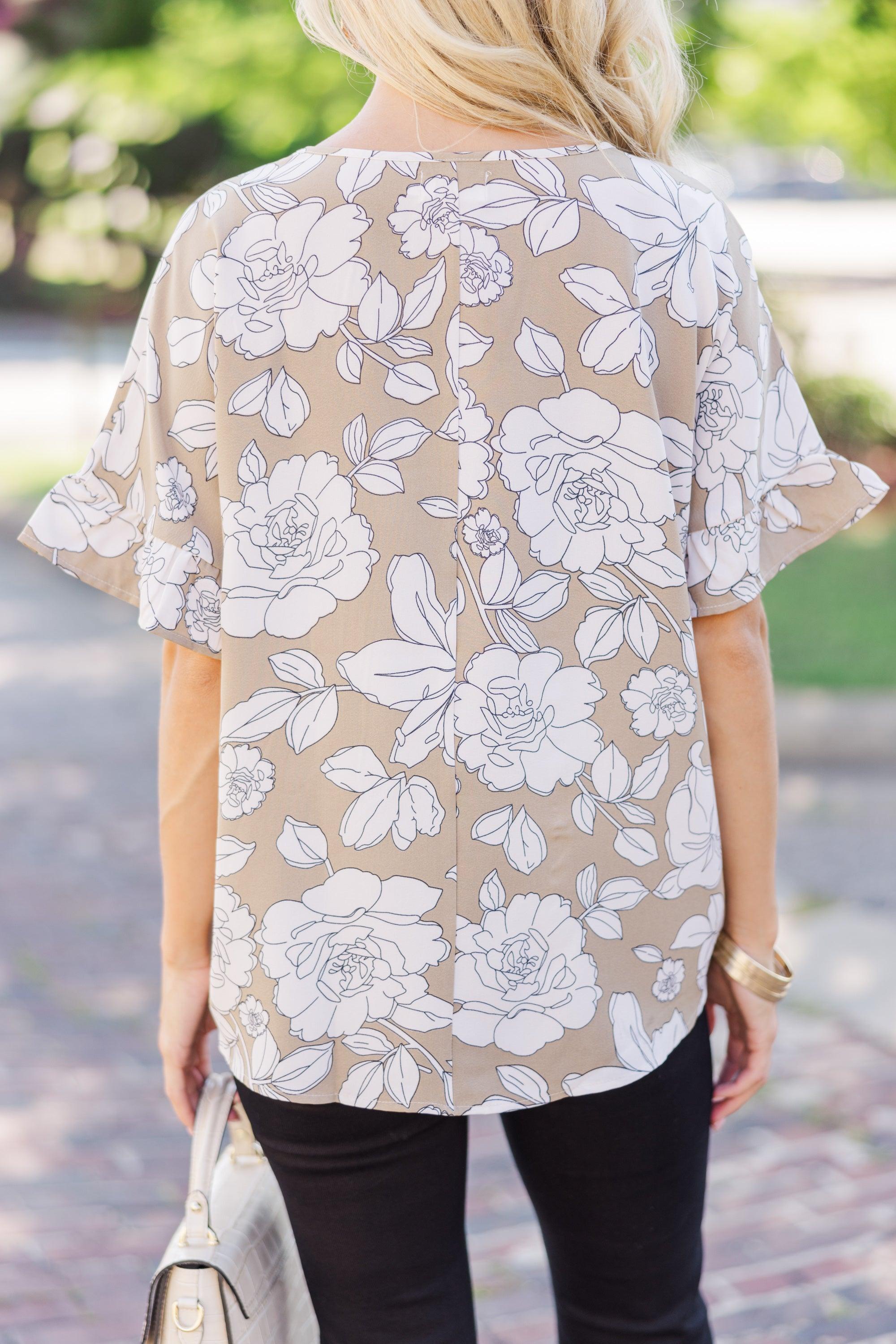 All I Ask Taupe Floral Ruffled Top Female Product Image