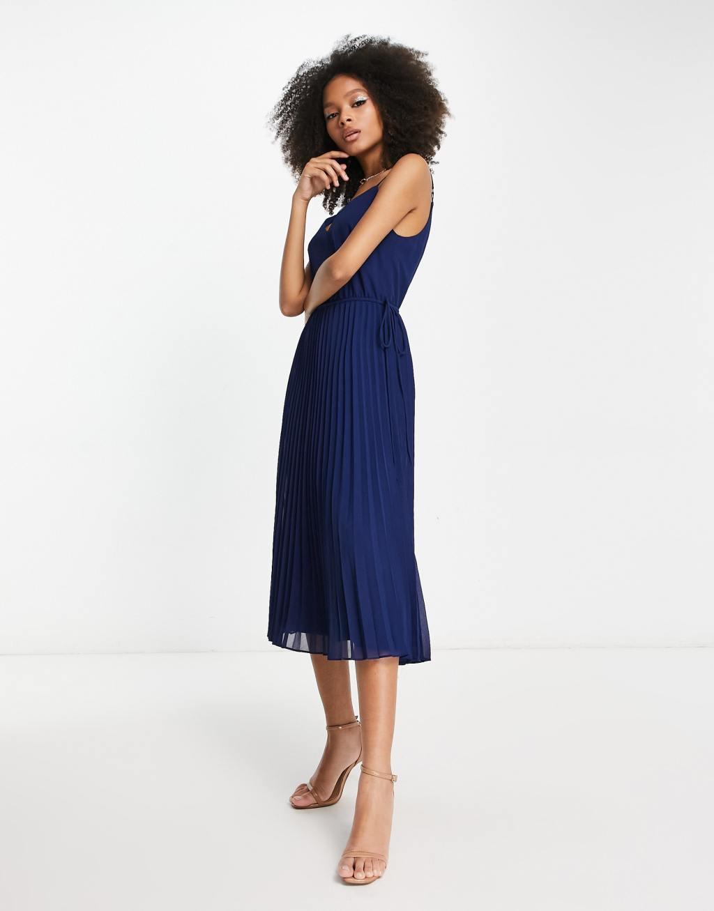 ASOS DESIGN pleated cami midi dress with drawstring waist in navy Product Image