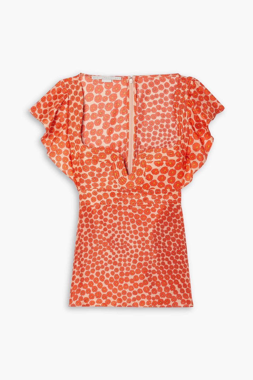 Floral-print Silk-habotai Top In Orange Product Image