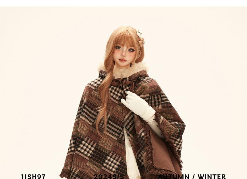 Tassel Hem Plaid Hooded Cape Product Image