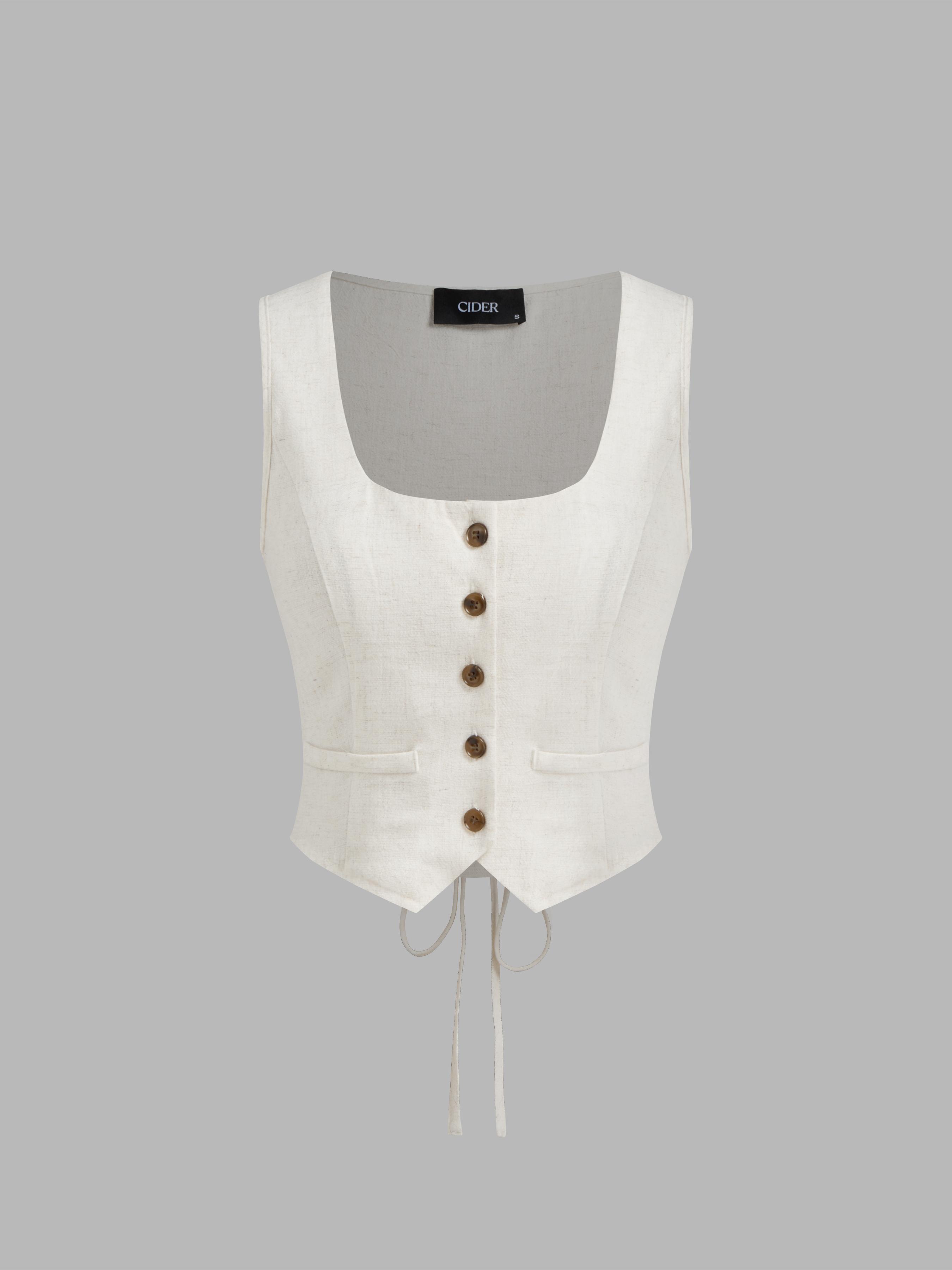 Linen-blend Scoop Neckline Solid Knotted Button Crop Tank Top Product Image