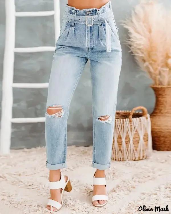 Olivia Mark – Ripped high waisted jeans with zip fly and belt product image