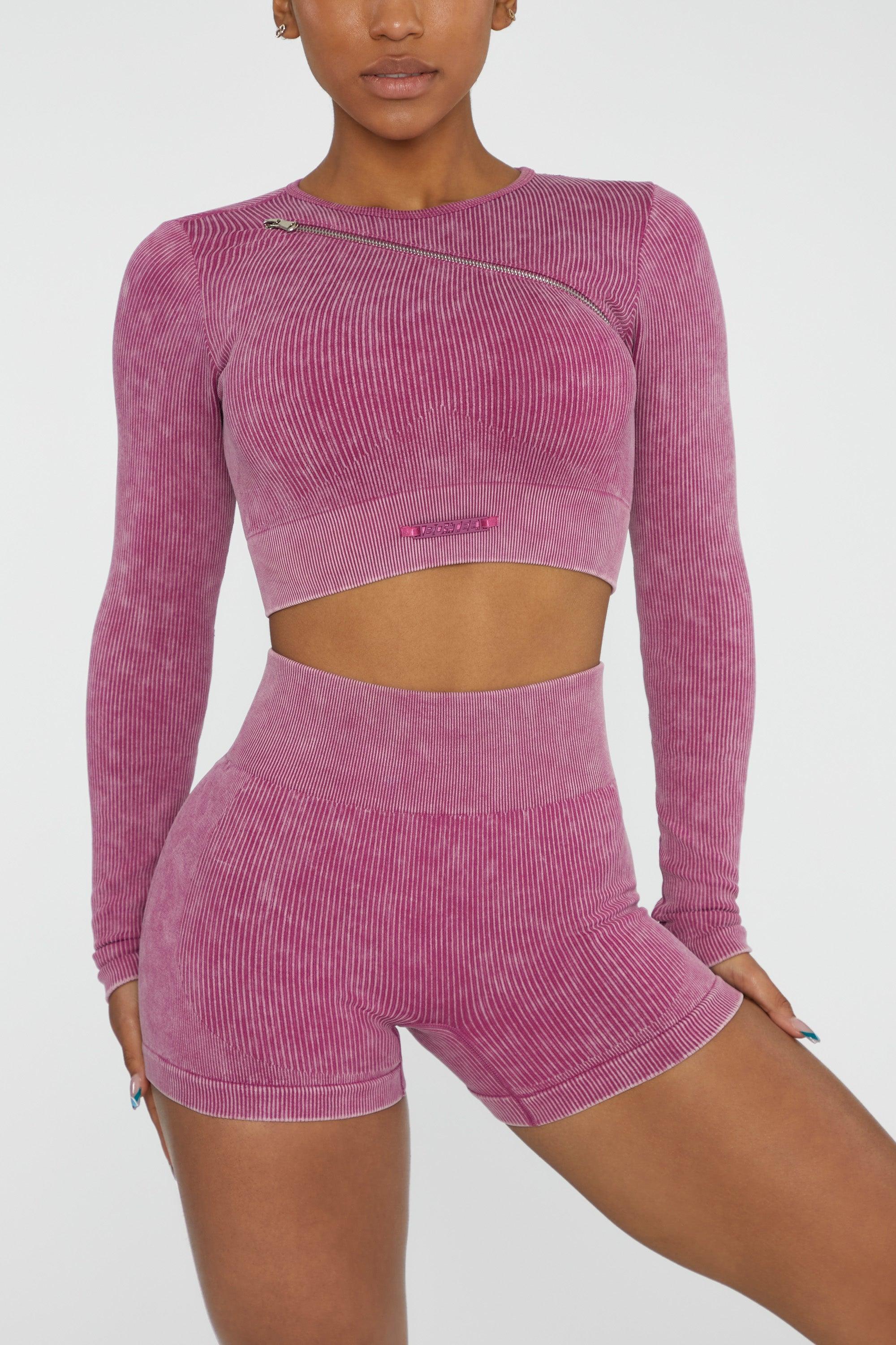 Long Sleeve High Neck Zip Crop Top in Dark Pink Product Image