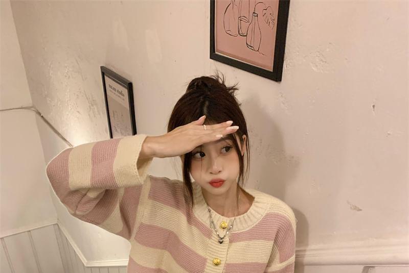 Crew Neck Striped Button-Up Cardigan Product Image