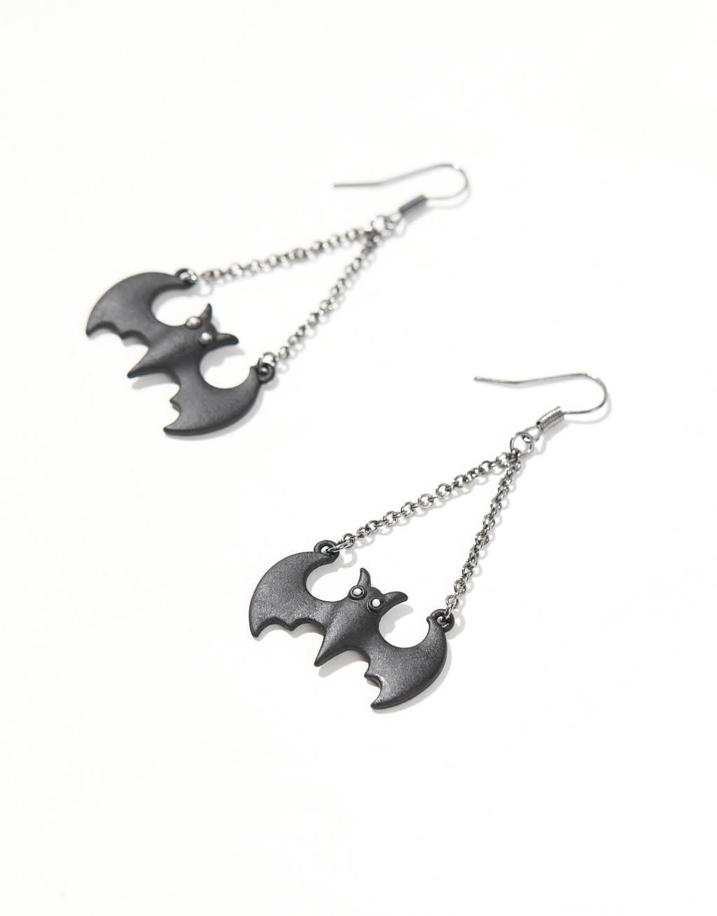 ASOS DESIGN Halloween drop earrings with bat design in black Product Image