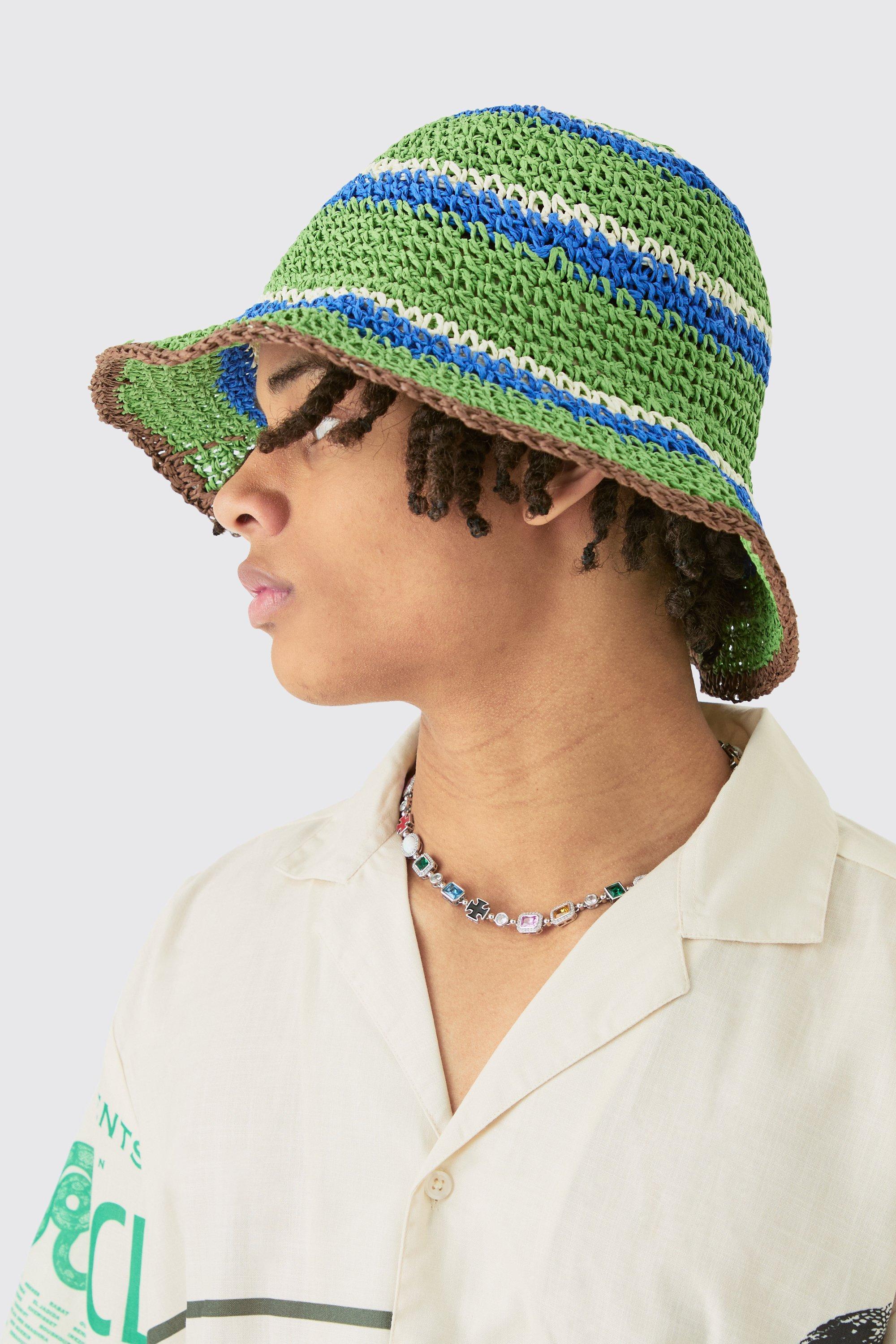 Striped Raffia Bucket Hat In Green | boohooMAN USA Product Image