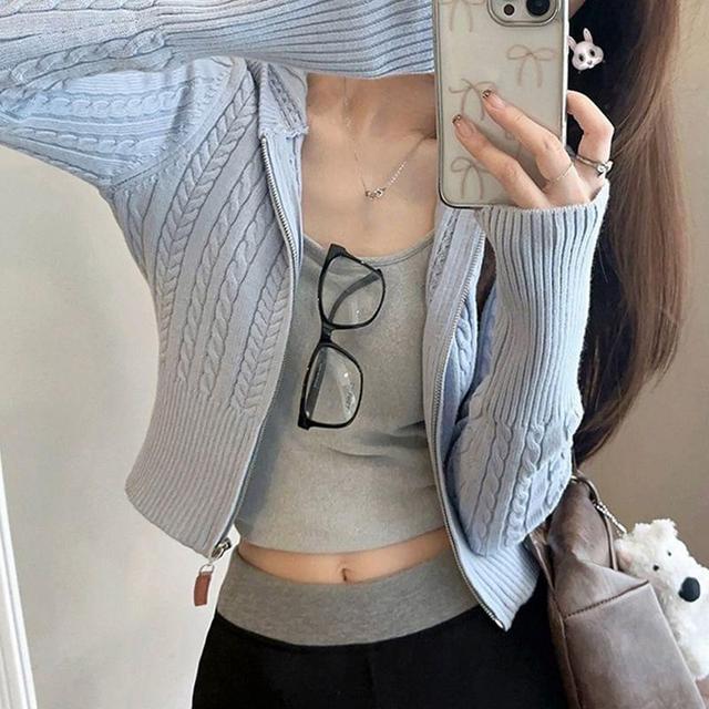 Long Sleeve Plain Cable-Knit Zip-Up Crop Hooded Cardigan Product Image