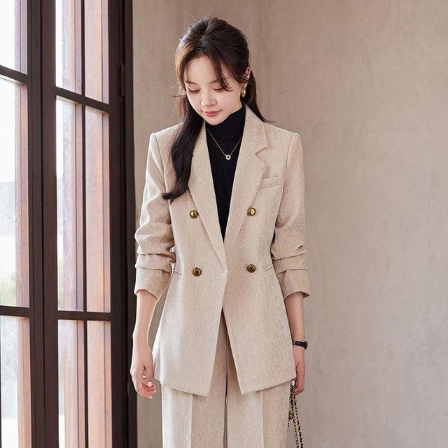 Lapel Collar Plain Double Breasted Blazer / Mid Rise Plain Wide Leg Fit Dress Pants / Set Product Image