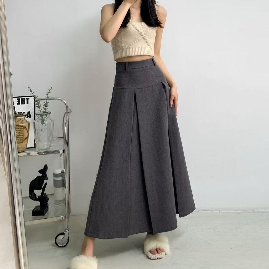 High Waist Plain Pleated Maxi A-Line Skirt Product Image