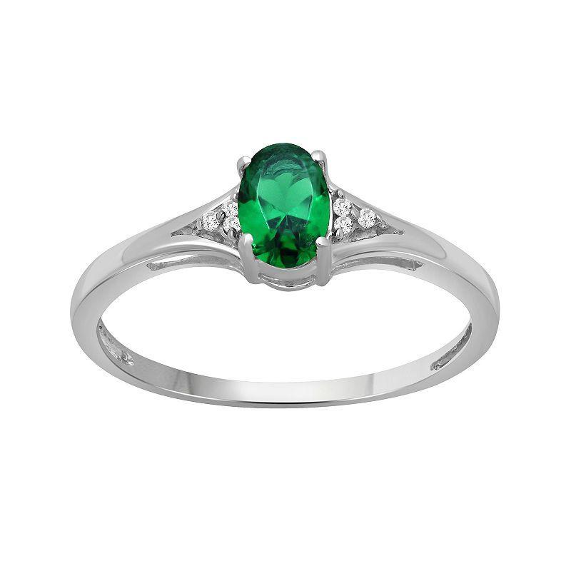 Jewelexcess Sterling Silver Oval Lab-Created Emerald & Diamond Accent Ring, Womens White Product Image