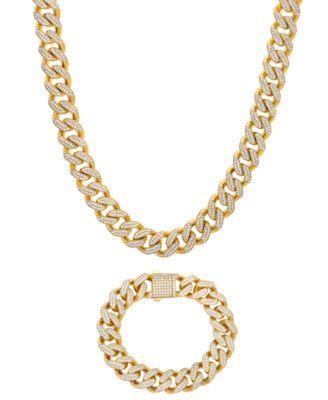 Mens Cubic Zirconia Curb Link Chain Necklace Bracelet In 24k Gold Plated Sterling Silver Product Image