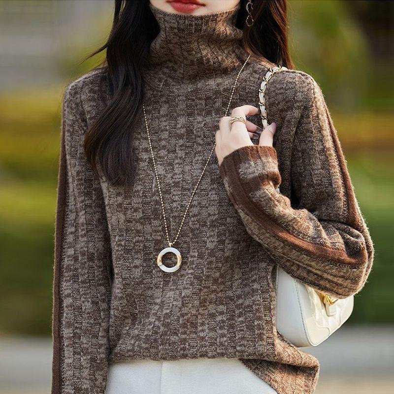 Turtleneck Striped Ribbed Knit Sweater Product Image