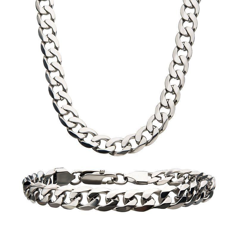 Mens Stainless Steel Curb Chain Necklace & Bracelet Set, Silver Product Image