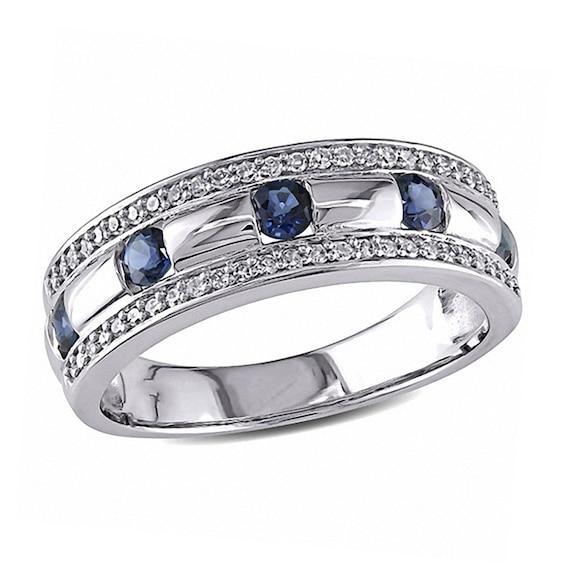 Men's Blue Sapphire and 1/4 CT. T.w. Diamond Triple Row Wedding Band in 10K White Gold Product Image