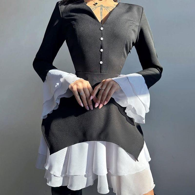 Long-Sleeve V-Neck Two Tone Layered Ruffle Mini A-Line Dress Product Image