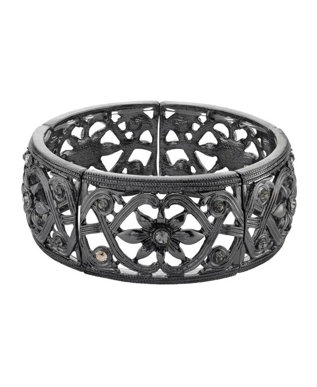 1928 Hematite-Tone Black Diamond Flower Stretch Bracelet, Womens Product Image