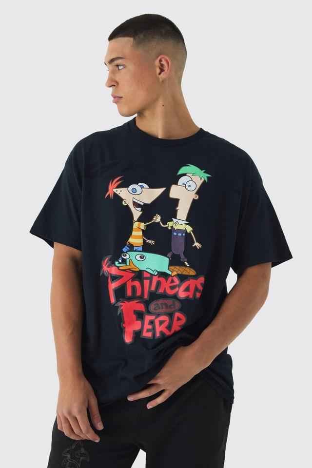 Oversized Disney Phineas and Ferb Wash License Print T-Shirt | boohooMAN USA Product Image