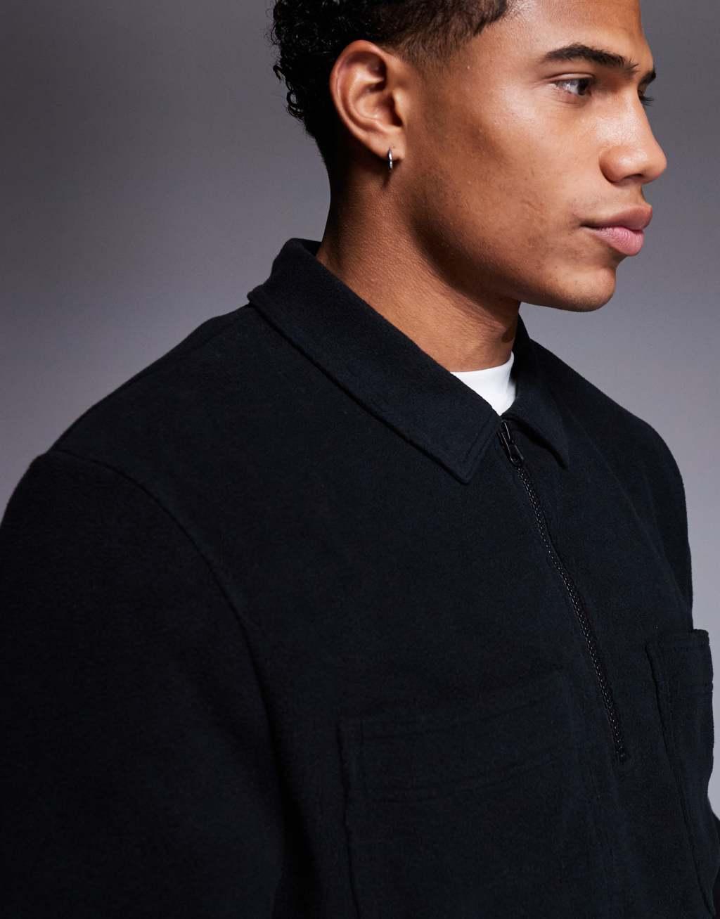 ASOS DESIGN fleece sweatshirt with half zip and collar in navy Product Image