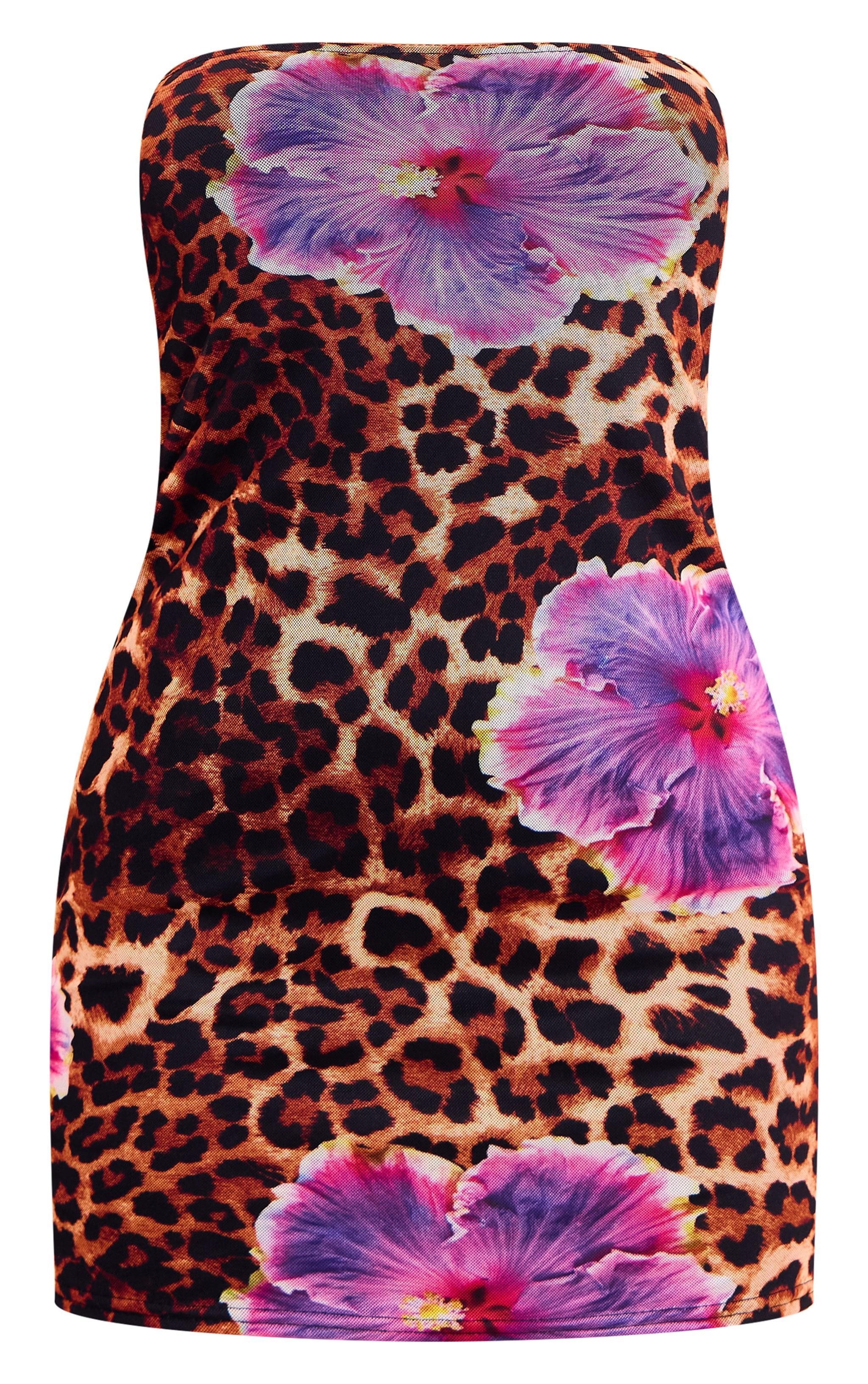 Leopard Floral Print Mesh Bandeau Lined Bodycon Dress Product Image