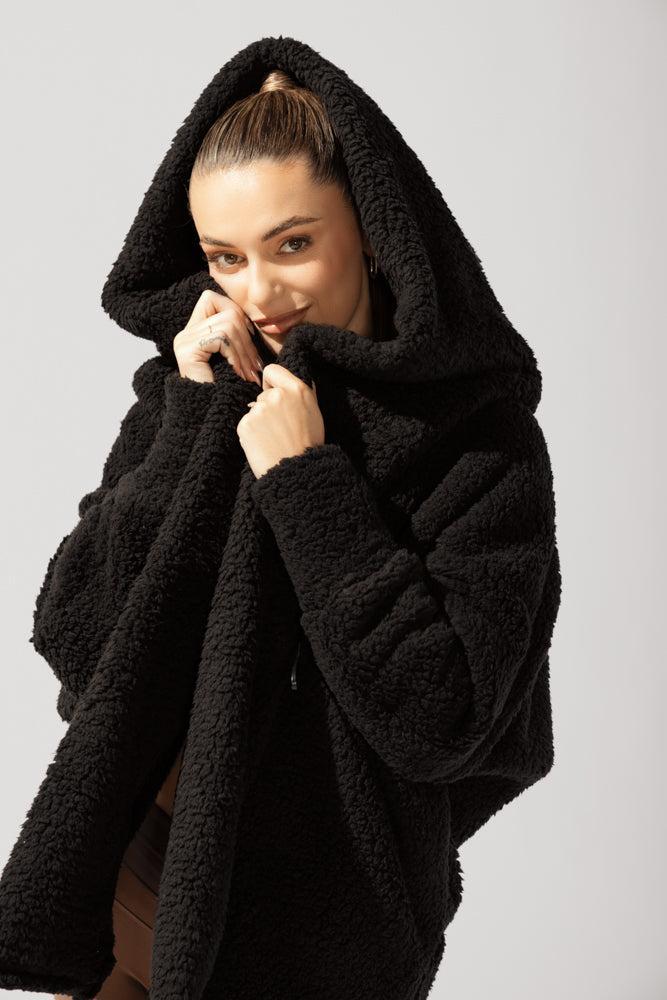 POPFLEX® Faux Sherpa Cocoon Coat - Black Product Image